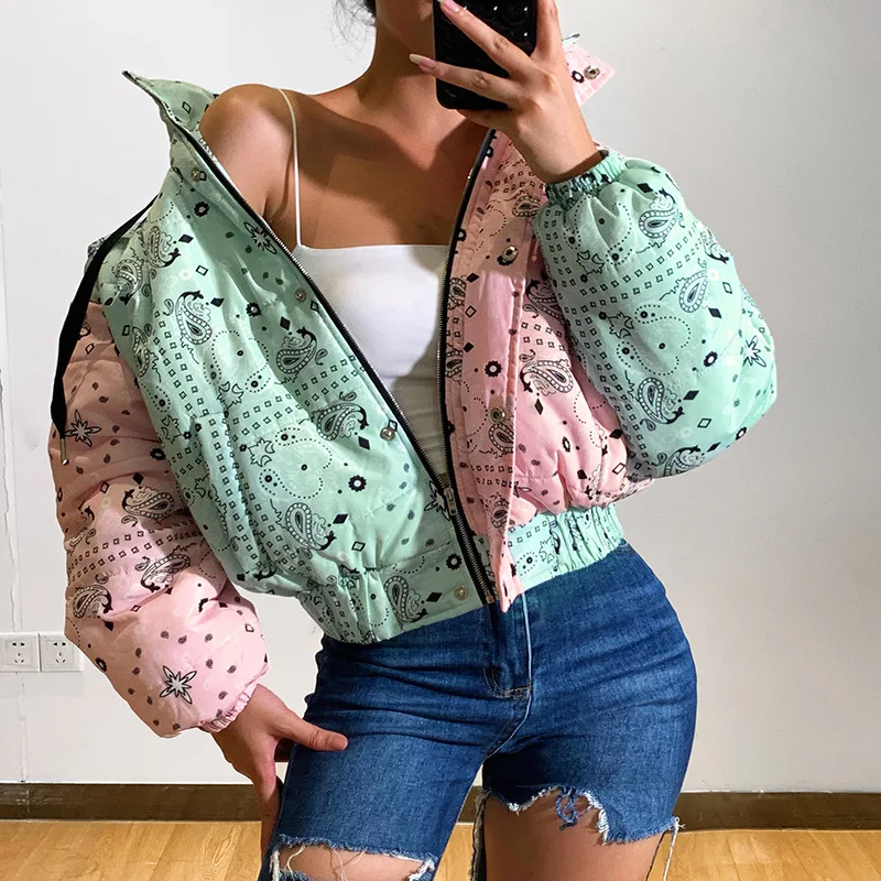 2021 Autumn Winter New Printed Color Matching Hooded Jacket Long-sleeved Zipper Padded Women Harajuku Clothes Thick Parkas