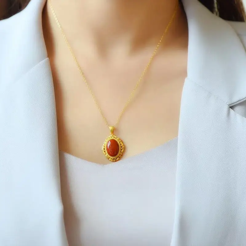 

Silver Oval Round Pendant Necklace with Chinese retro enamel Bohemian charm light luxury women's jewelry