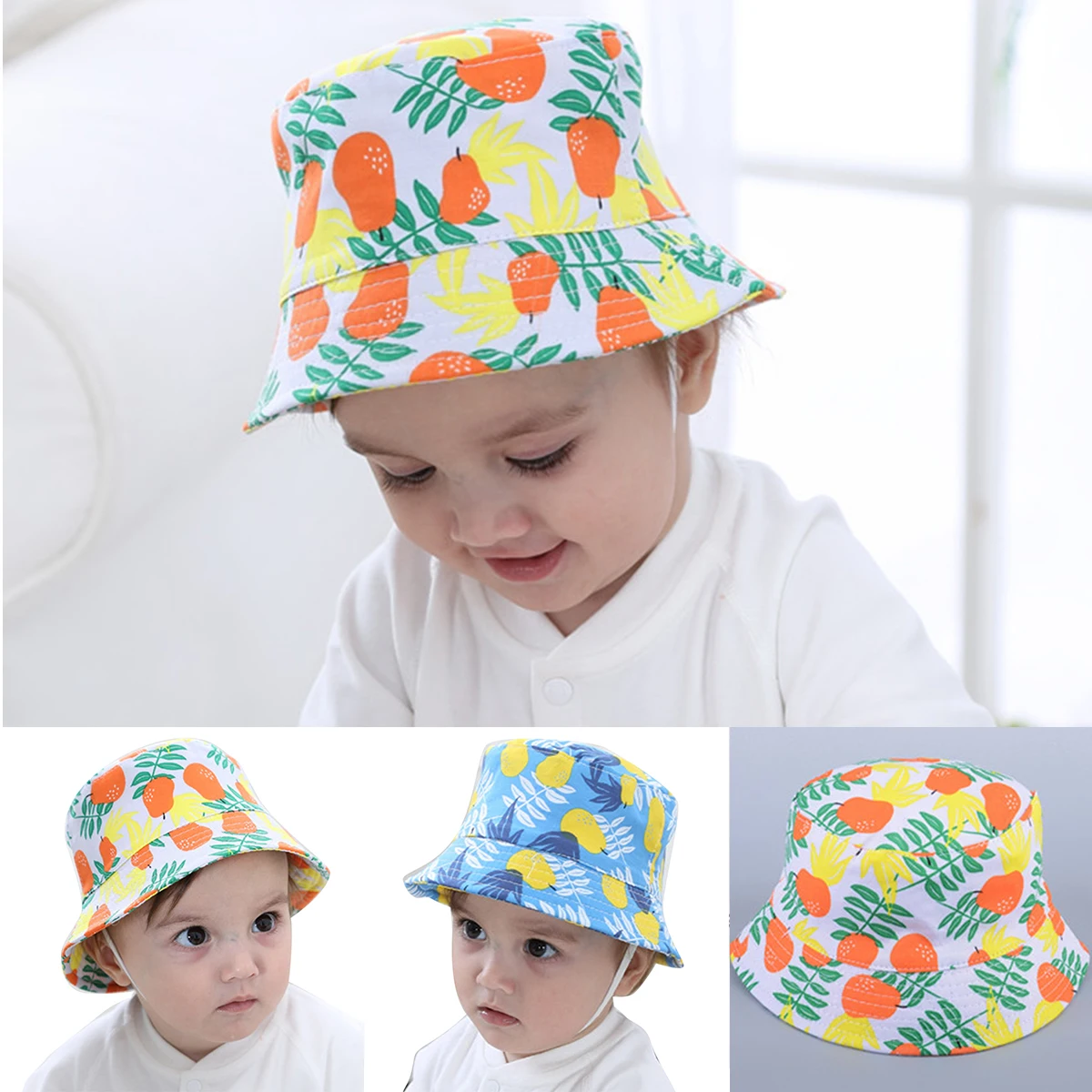 

Free shipping Sun Protection Cap Sun Hat Double-sided Cap Pear Fruit Print Baby Child Baby Bucket Cap Outdoor Hat Fisherman Hat