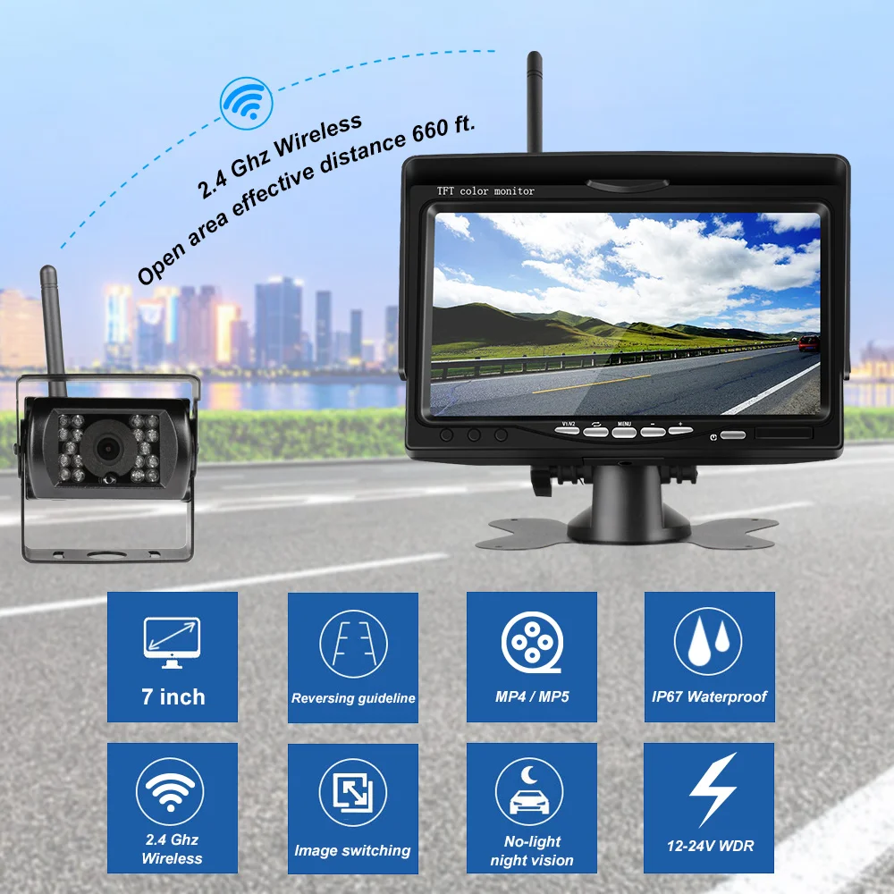 $65.99 7 inch Wireless Car Monitor 12-24V Parking Reaverse Backup Camera System TFT LCD Screen IR Night Vision Wifi Rear View Camera