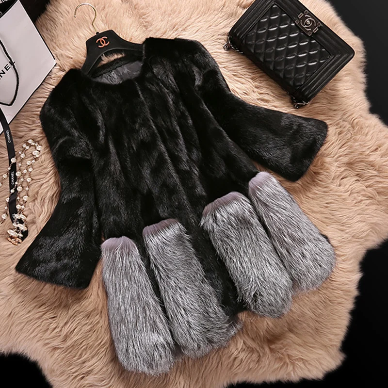 

New High Quality Faux Mink Fur Splice Fox Fur Coat Women Faux Fur Jacket White Winter Female Warm Thick Fur Coats Plush Jacket