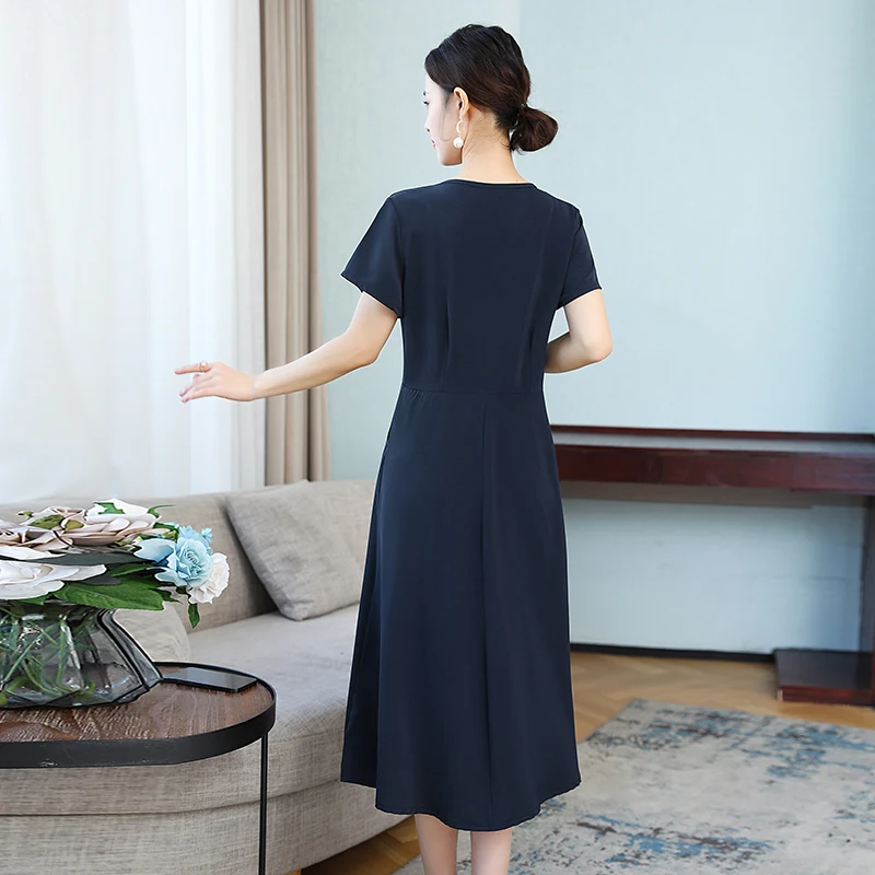 

2021 New Woman Elegant Dress Summer Short Sleeve O-Neck Mid-Calf Solid Color Plus Size Dress Vintage Casual Summer Clothes L-4XL