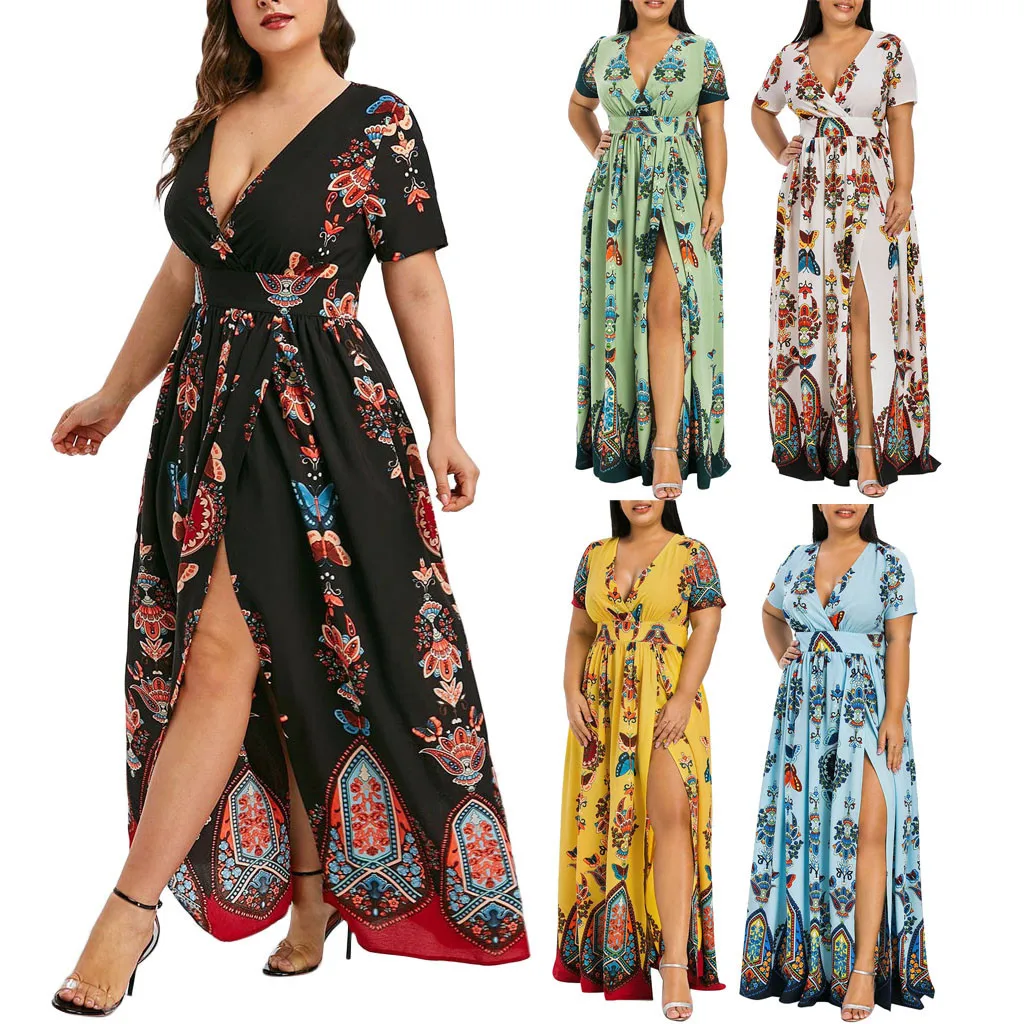 

56# Plus Size Bohemian Flower Print Dresses Women Butterfly Printed V-neck Short Sleeve Long Beach Dress Vintage Robe Femme