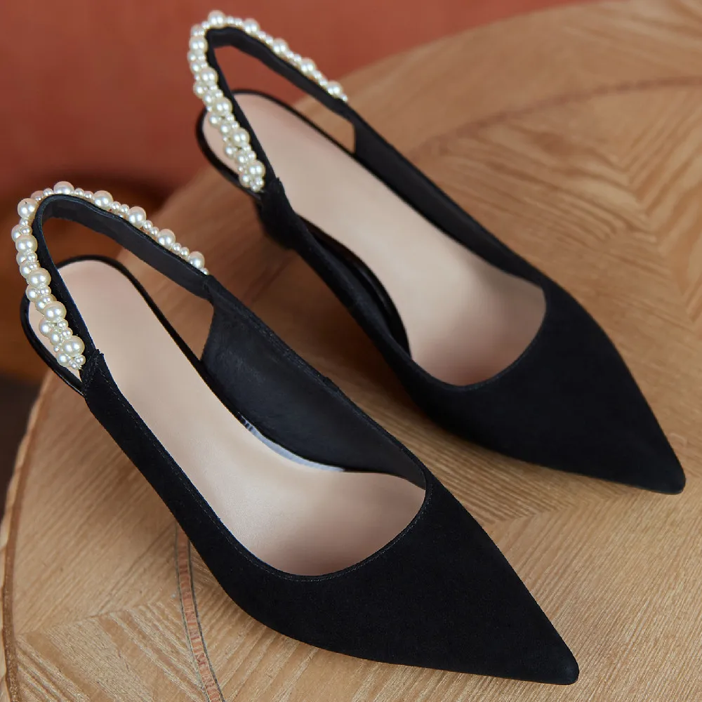 

Women's natural suede leather thin high heel pointed toe slip-on pumps slingback elegant ladies beading decoration dress shoes
