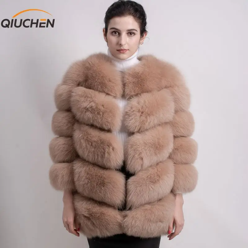 QIUCHEN/PJ8066-1 шуба из натурального Лисьего меха высокого качества; зимняя теплая Толстая куртка из лисьего меха; пальто из натурального меха с длинными рукавами, сохраняющее тепло