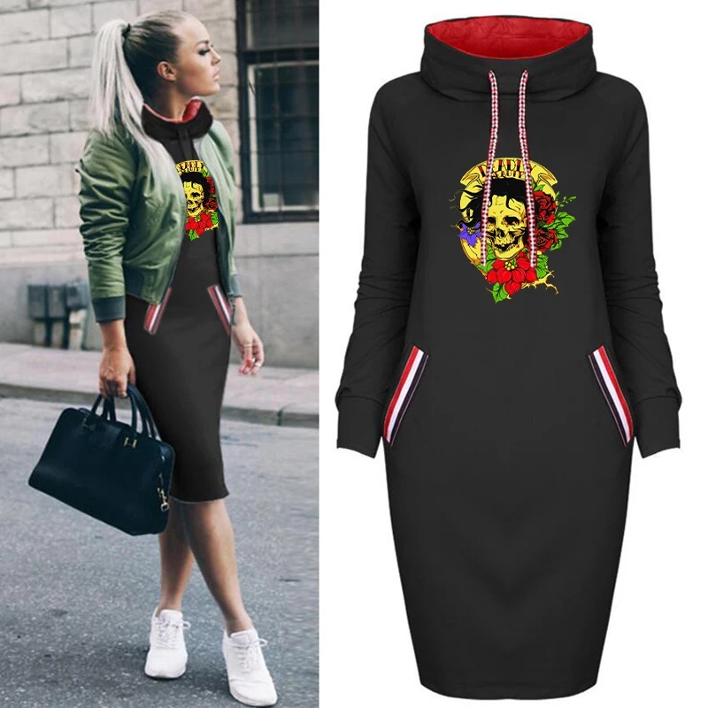 

Flower Skull Printing Women Dress Halloween Autumn Winter Plus Size Midi Dresses Long Sleeve Bodycon Party Club Turtleneck Dress