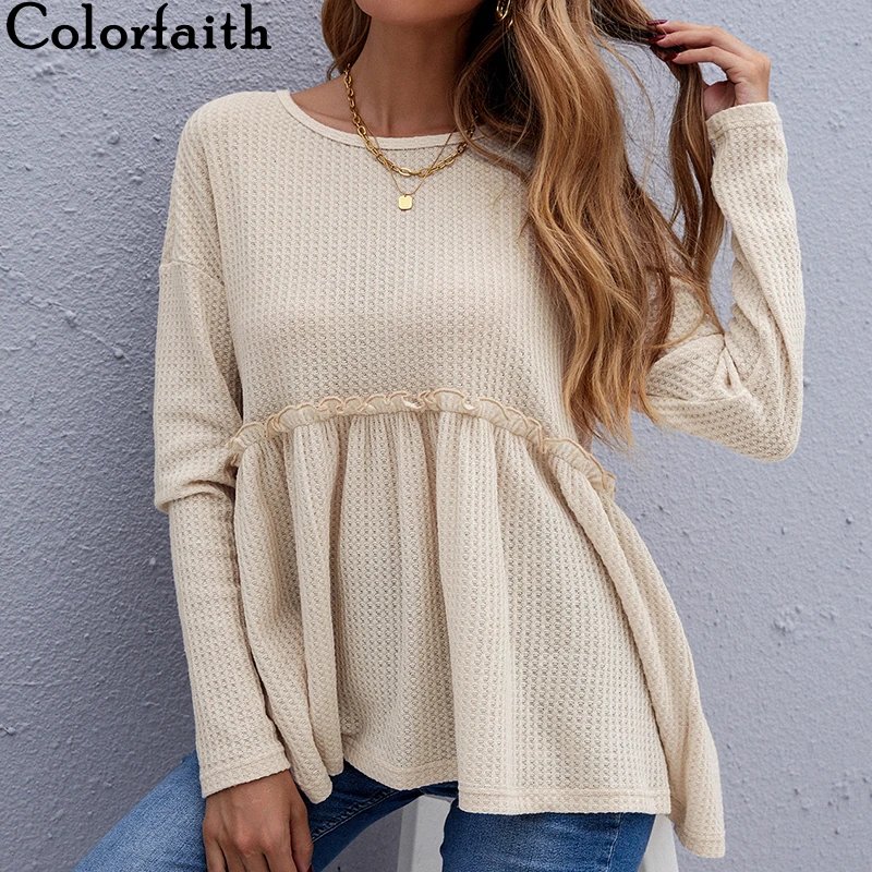 

Colorfaith New 2021 Women Autumn Winter Sweater Elegant Knitted Wild Warm Fashionable Patchwork Vintage Pullovers Tops SW8747AB
