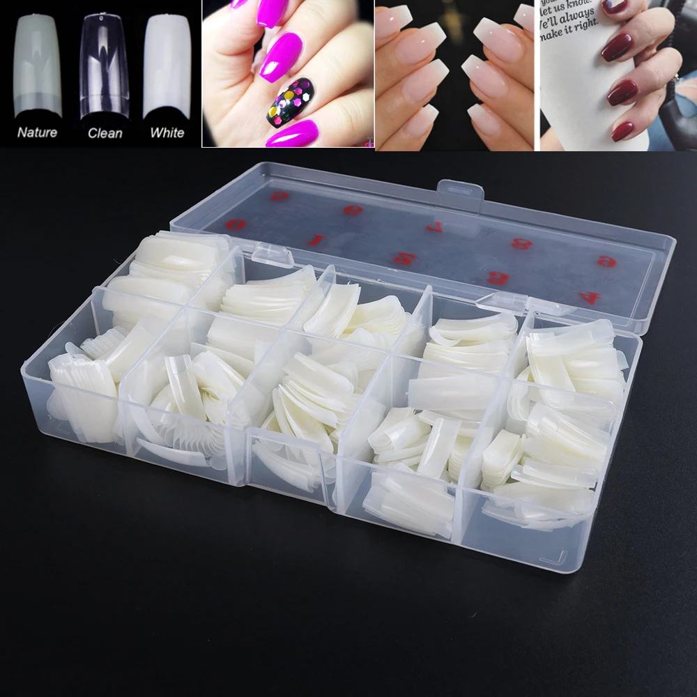 

500Pcs/Box Acrylic Tips Transparent Nail Capsule Fake Artifical Fingernails Soft Gel Full Cover Coffin Nail Tips Manicure Tools