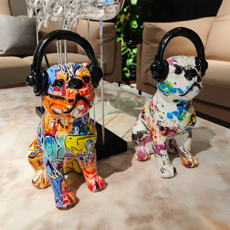 

Nordic Creative Colorful Graffiti Headset Dog Artware Animal Sculpture Home Decoration Accessories Modern Resin Statue Craft