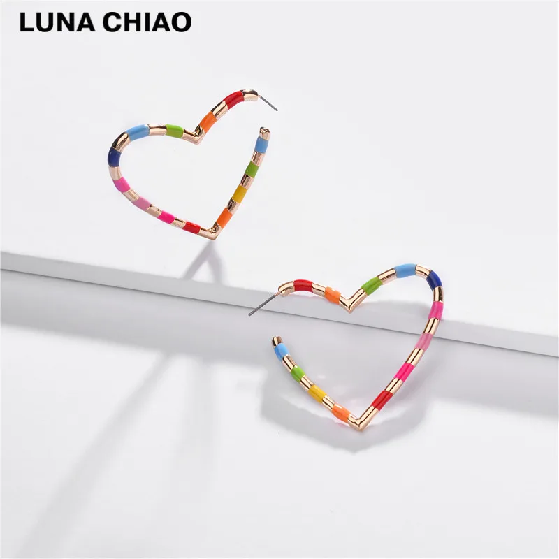 colorful LUNA CHIAO Модные Разноцветные эмалированные серьги-кольца с большим сердцем для женщин - Окраска металла: colorful