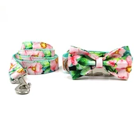 pet dog collar personalized pink floral printing cute dog collar and leash set for small medium large dogs quick release buckle