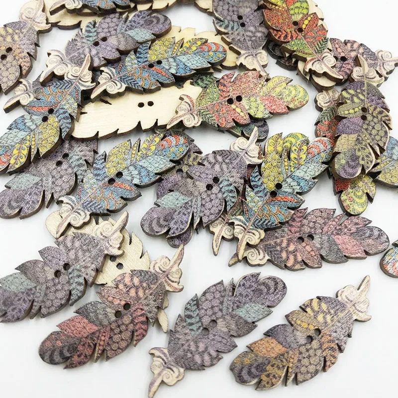 

50PC Fashion Leaves High Quality Painting 2 Holes DIY Random Wooden Buttons Sewing Scrapbooking Accessories 15x40mm WB675