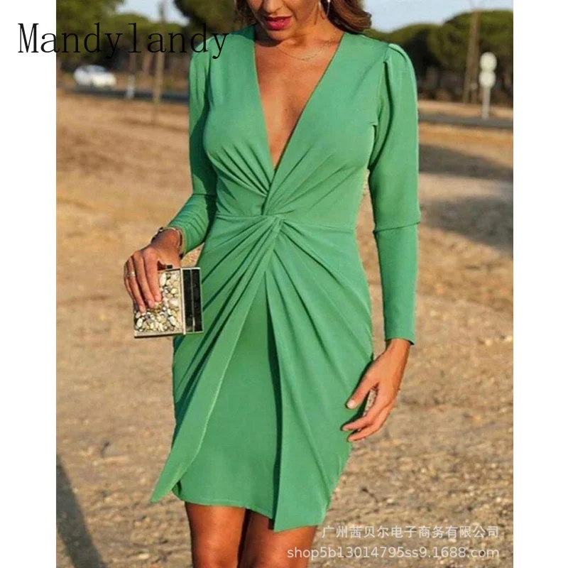 

Mandylandy Women's Autumn Wrap Waist Mini Dress Lady Casual Fashion Long Sleeve V Neck Loose Dress