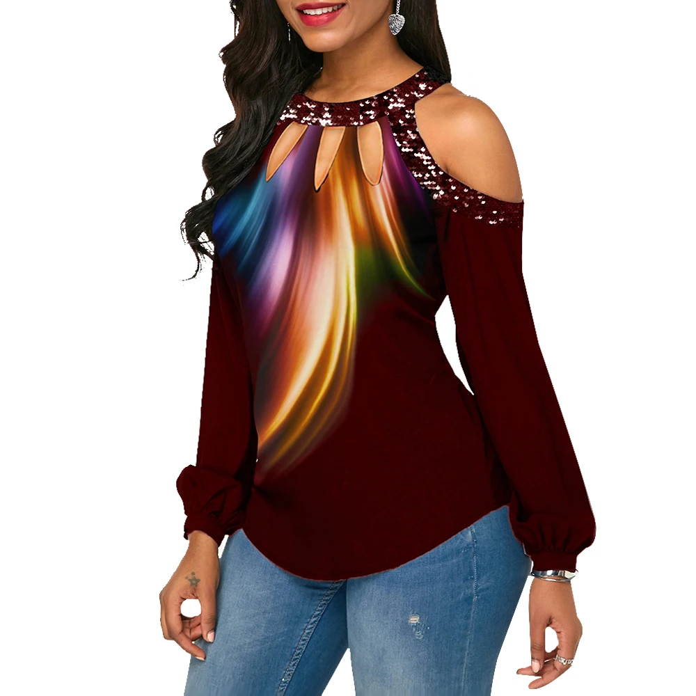 Женская футболка с длинным рукавом и блестками принтом|Футболки| |