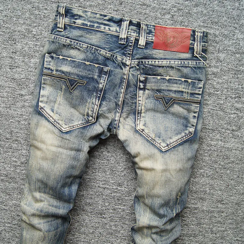 European Vintage Fashion Men Jeans High Quality Retro Distressed Ripped Jeans Men Patchwork Designer Casual Cotton Denim Pants