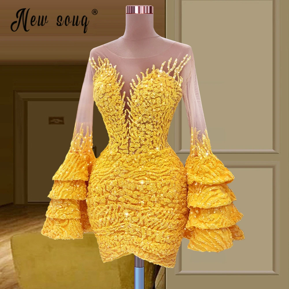 

Gold 2 Pieces Women Party Dresses Flower Lace Mini Length Cocktail Dress with Detachable Train Evening Prom Gowns