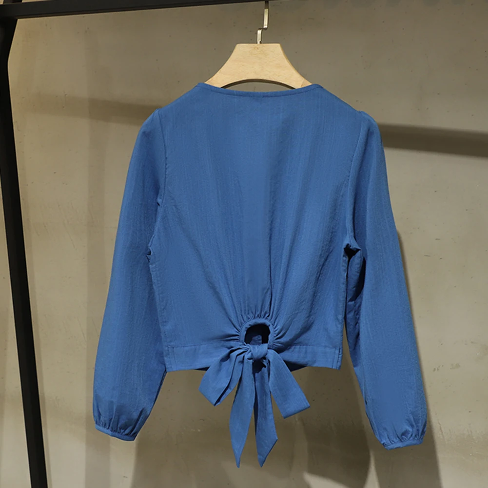 

2020 Autumn New Shirt Lady Casual Fashion V Neck Button Up Long Sleeve Tops Solid Color Short Blouse Streetwear