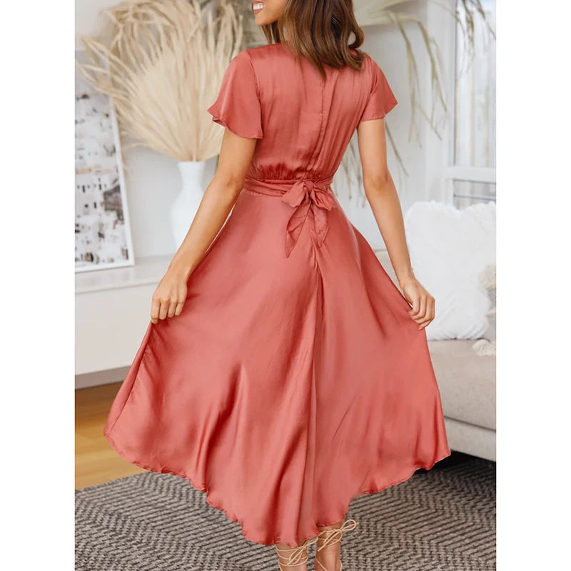 Ardm Sexy V Cou платьел етнее2021 Évider Robes En Satin Vintage Volantée À Lacets Manches Pétales L'asymétrie Fête Maxi Robe