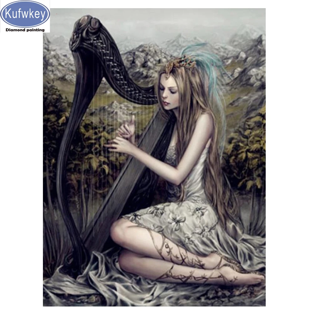 Алмазная живопись аниме девочка играющая в арфа картина с бриллиантами полная