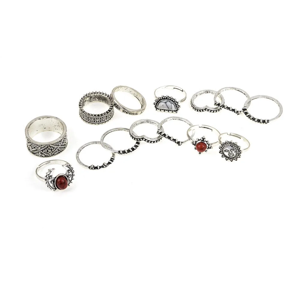 14pcs/Set Finger Rings Jewelry Wholesale Women Bohemian Vintage Silver Stack Above Knuckle Blue Set Beautiful #10 | Украшения и