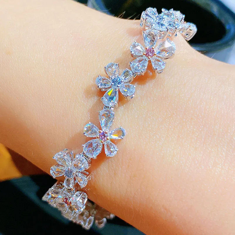 

BLACK ANGEL 925 Sterling Silver Bracelet For Women Lab Created Moissanite Five Petal Flower Bracelet Jewelry Gifts Dropshipping