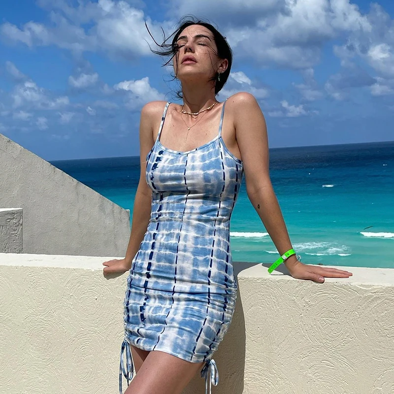 

Elegant Tie Dye Print Y2K Bodycon Dresses Women Summer Shirring Sexy Mini Sundress Clubwear Slim Beach Outfits 90s Cuteandpsycho