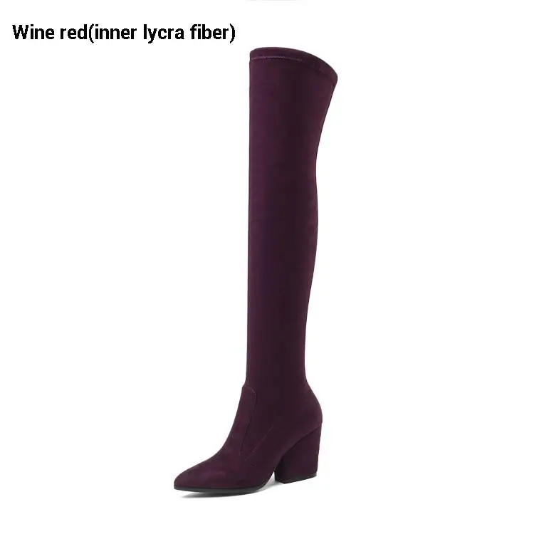 Wine red(lycra) CDAXILAN/Новое поступление, Сапоги выше колена женские сапоги до бедра из искусственной замши женские зимние сапоги на высоком каблуке 8 см - Цвет: Wine red(lycra)