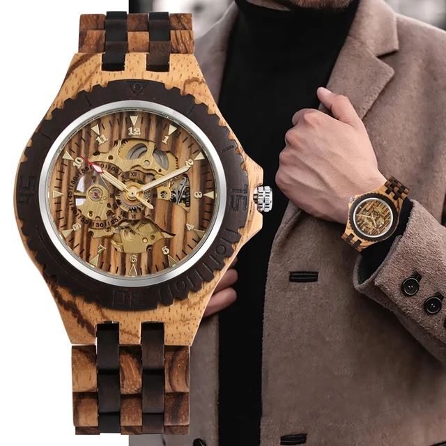 Wooden Automatic Watch for Men - Golden Skeleton Arabic Numerals 1