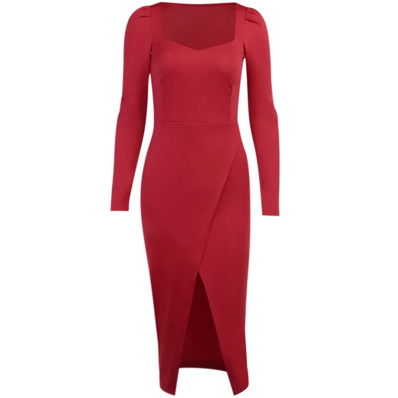 

Elegant Black Red Dress Women Long Sleeve Square Collar Puff Sleeve Dresses Bodycon Sexy Split Slim Party Club Dresses Vestidos