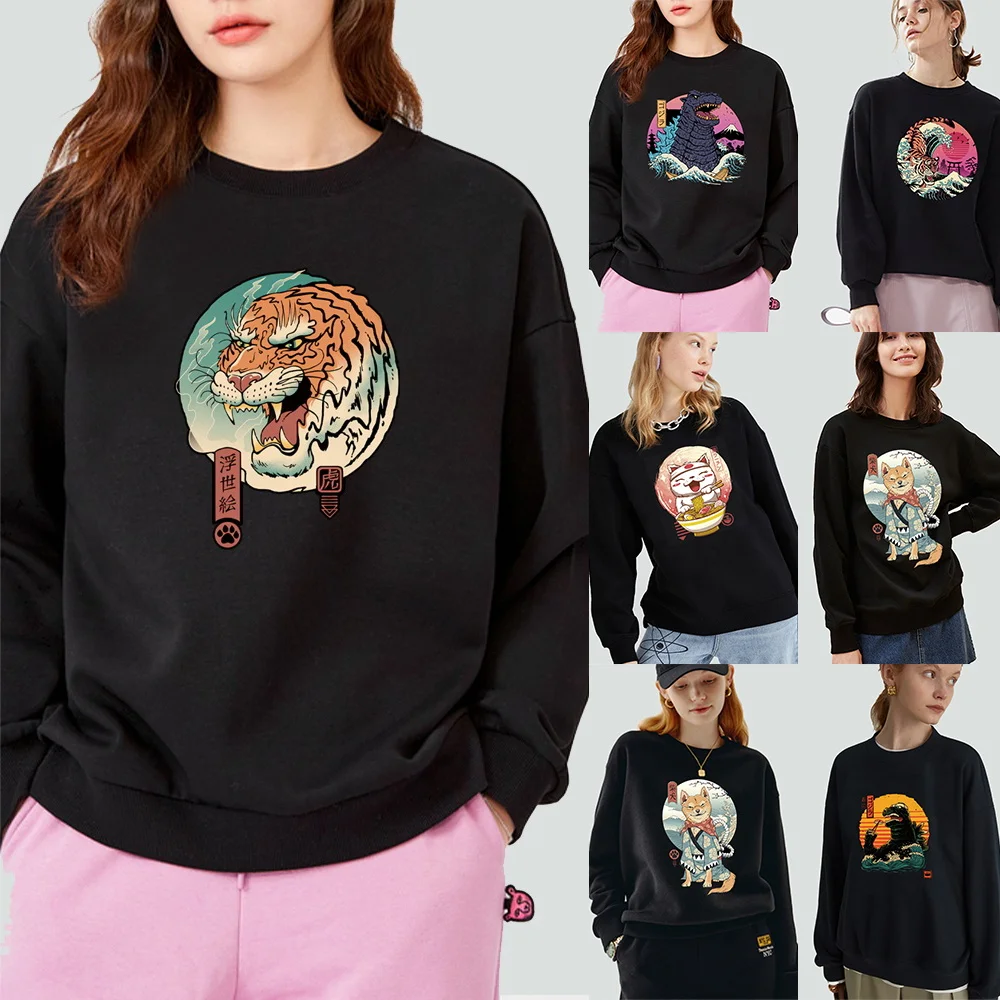 

Women's Autumn Long Sleeve Sweatshirt Black Pullover Cartoon Japanese Printed Pattern O-Neck Casual Warm Commuter Soft Hoodie