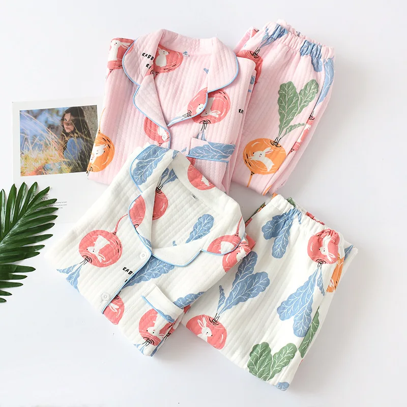 Full Cotton Pajamas Set Kimono Causal Pure Woman Long Sleeve Layers Cartoon Print Spring Thickening Homewear Suit Yukata | Тематическая