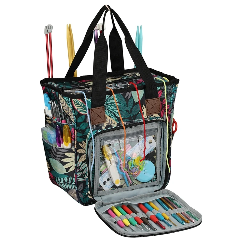 Bolsa de tejer port&aacute;til, organizador de almacenamiento de hilo DIY, gancho de ganchillo, agujas, hilo de tejer, cesta de mano para bolas de hilo, accesorios de costura-0