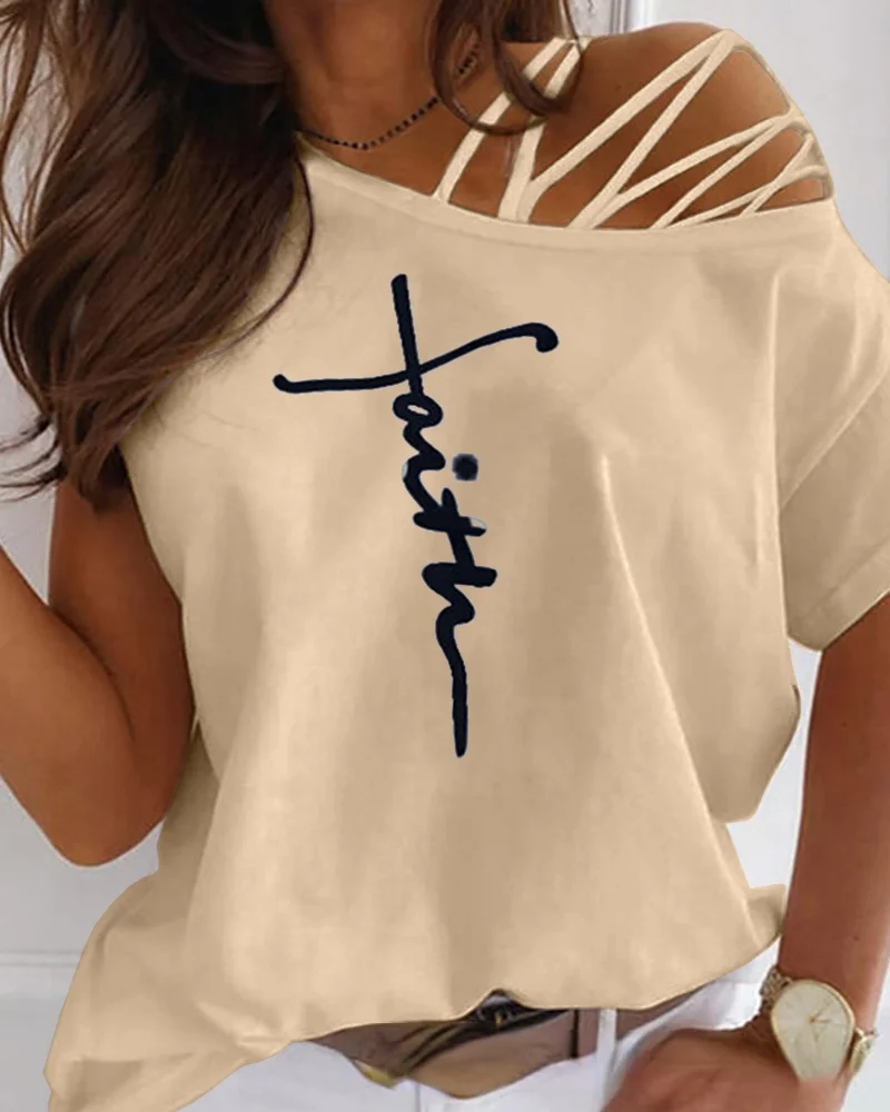 

Short-sleeved T-shirt letter printing hollow 2021 new fashion all-match sexy ladies top