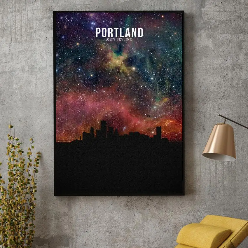 

PORTLAND Starry City Skyline Canvas Wall Art Print Modern Poster Wall Pictures Living Room Decor