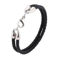 simple double layer black braided leather rope bracelet men stainless steel lobster clasp bracelet for women jewelry sp1089