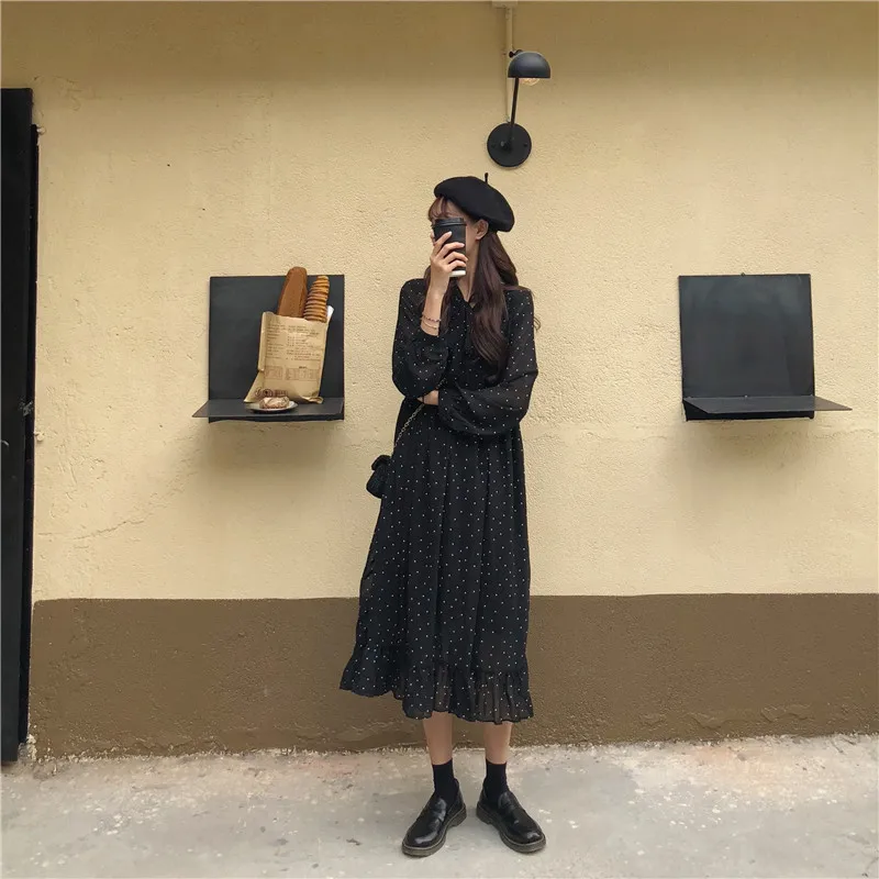 Женское шифоновое платье в горошек повседневное элегантное плиссированное с