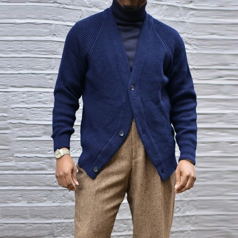 

Мужской кардиган с V-образным вырезом, облегающий однотонный трикотажный жакет, осень 2021