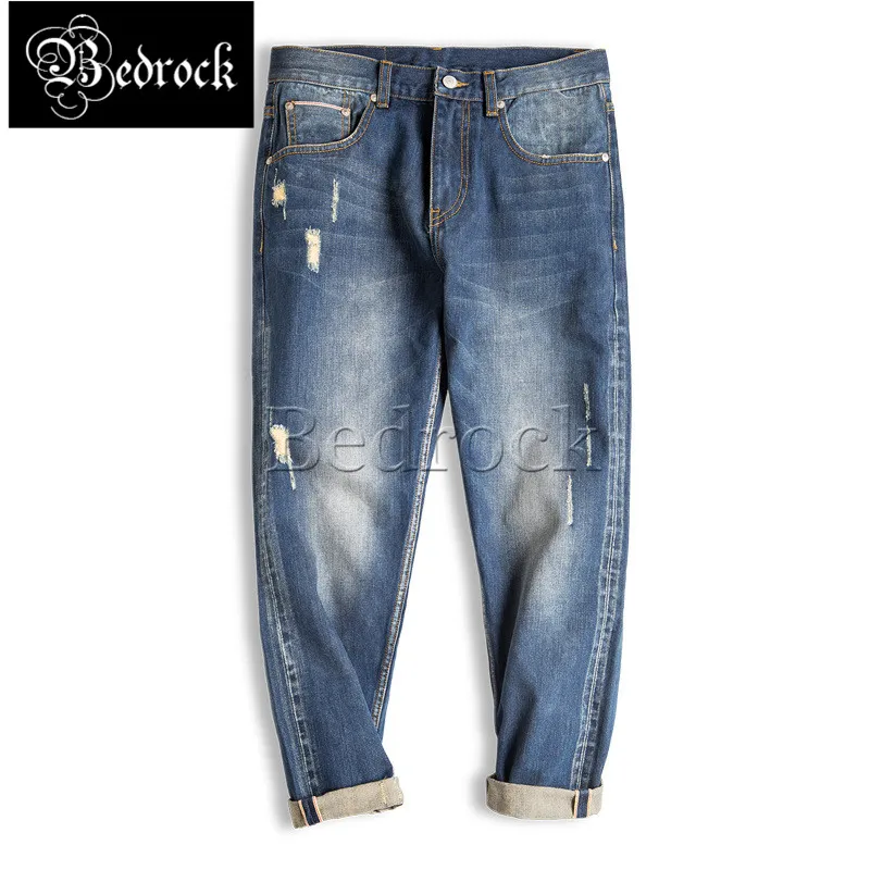 blue one washed red line denim jeans Amekaji distressed old ripped straight pants for men Japanese casual cropped pants