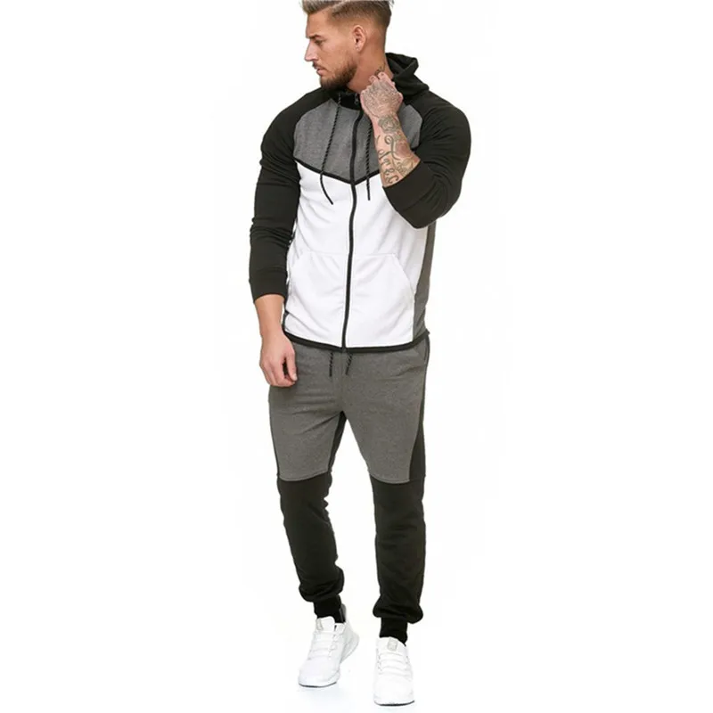 

2 Pieces Sets Tracksuit Men New Brand Autumn Winter Hooded Sweatshirt +Drawstring Pants Male Stripe Patchwork Hoodies Bigsweety