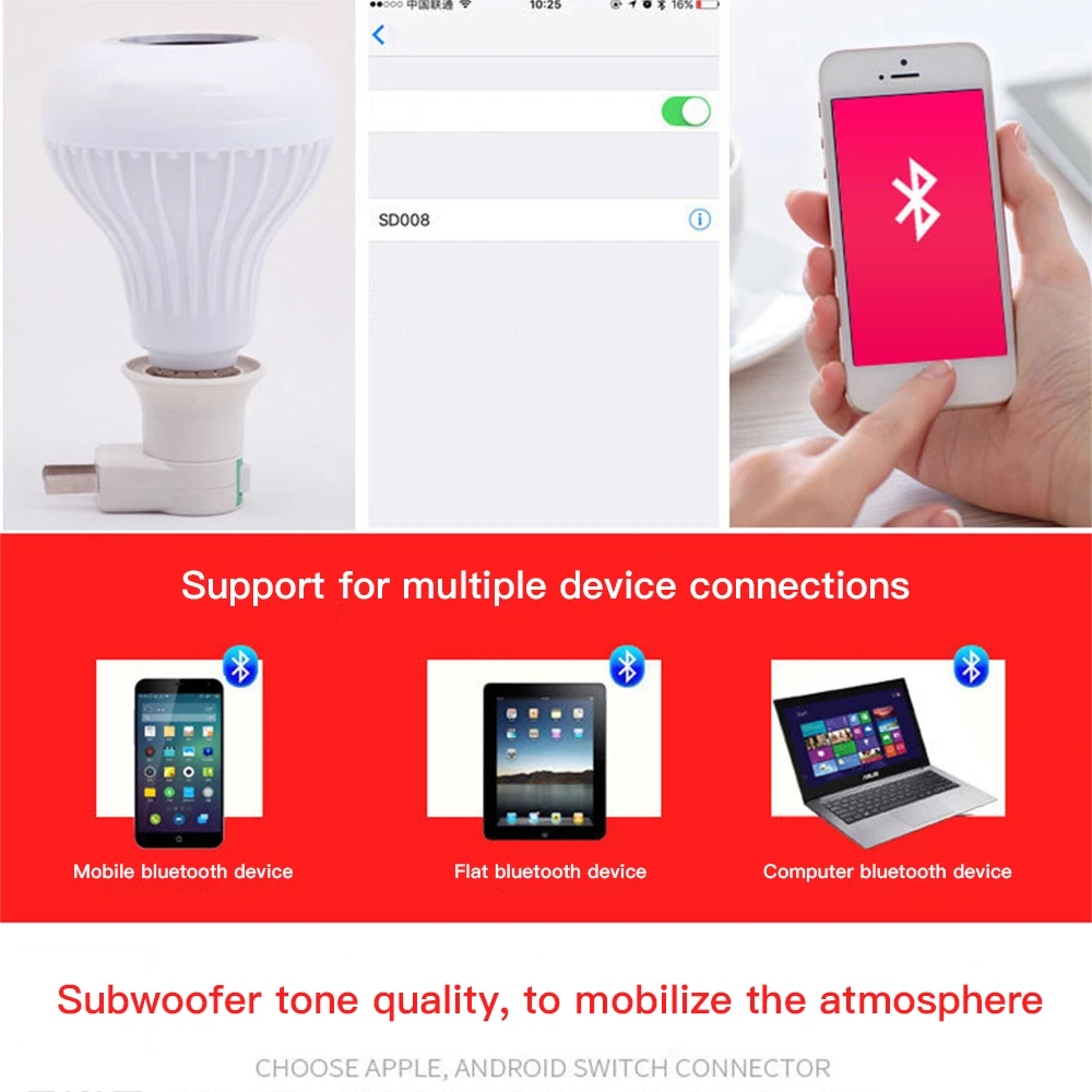 Смарт Беспроводной Bluetooth лампочки с ампулой Светодиодная лампа E27 220V RGB