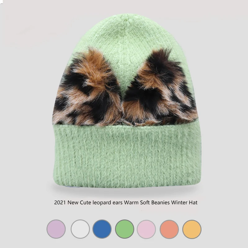 

NEW 2021 fashion Cute Leopard bunny ears for woman winter hat solid color autumn beanies best matched Warm soft bonnet skullies