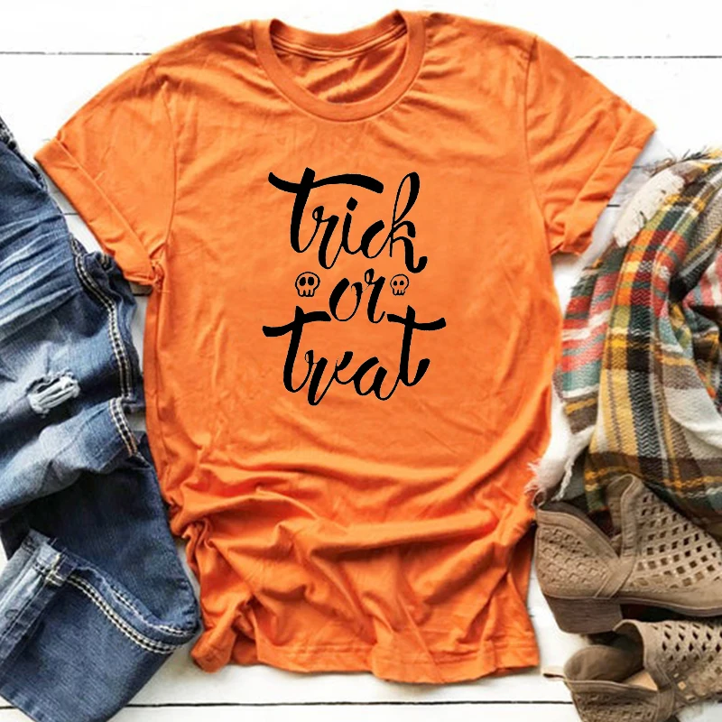 Футболка с принтом трюк или лакомство размера плюс осенняя женская футболка на