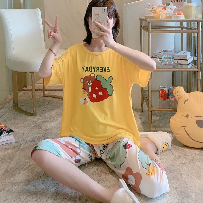

Summer Pajama Sets Short-sleeved Cropped Trousers Pajamas Women Casual Cartoon Pajamas Ladies Home Service Suits