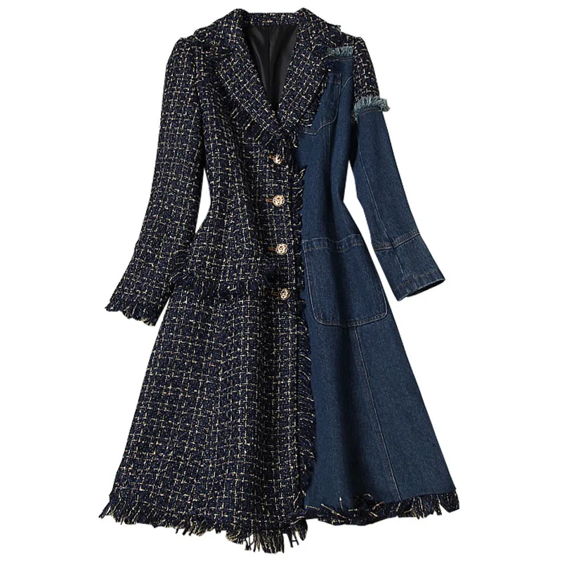 

patchwork Women winter denimn paid tweed coat single breasted nothced collar color block casaul tassel outerwear new 2021
