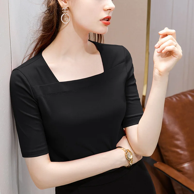 

Middle Sleeve T-shirt Women's 2020 Early Autumn New Simple Plain Cotton T-shirt French Retro Half-Sleeve Shirt Square Collar Top