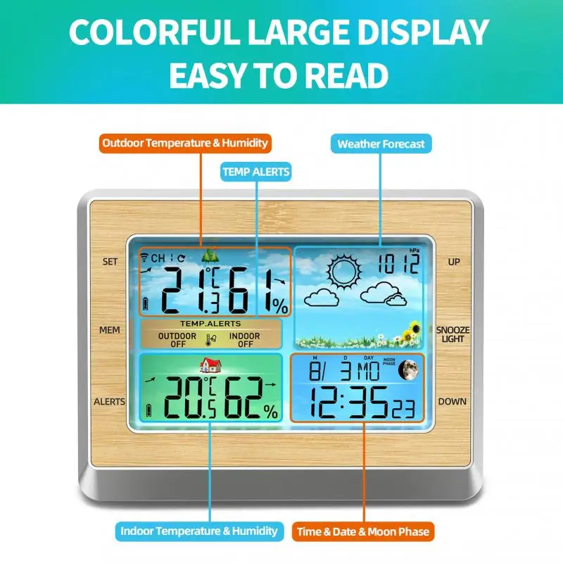 

Weather Station Wireless Indoor Outdoor Temperature Hygrometer 6 Inch Color Touch Screen Digital Alarm Clock With Transmitter