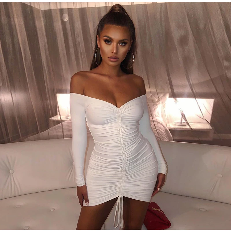 White Невозьму 2 слоя осеннее платье Для женщин с открытыми плечами Drawstring Ruched Bodycon платье женские вечерние Клубные пикантные зимнее платье - Color: White