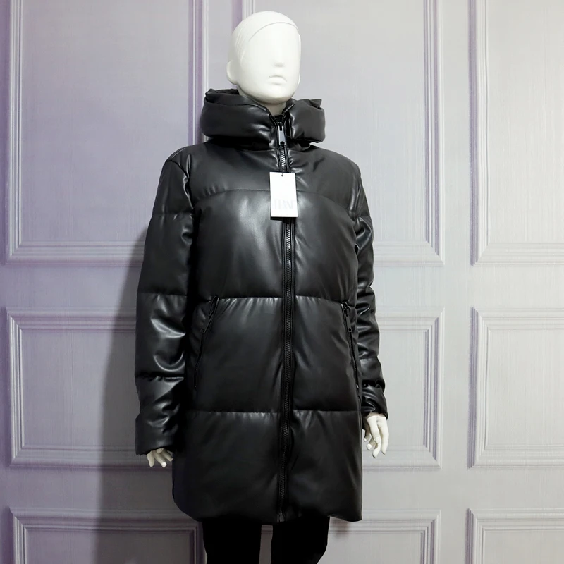 Худи женское утепленное из искусственной кожи толстая парка на молнии длинная