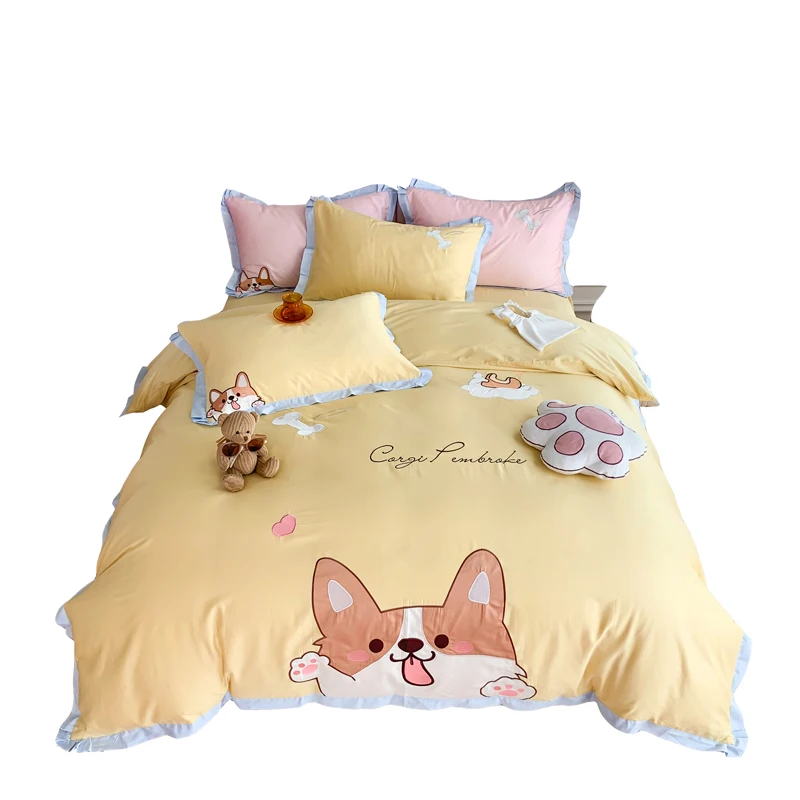 

Kawaii Dog Bedding Set Duvet Cover For Home Full Queen King Size Children Adults Cartoon Corgi Elastic Fitted Sheets For Bed