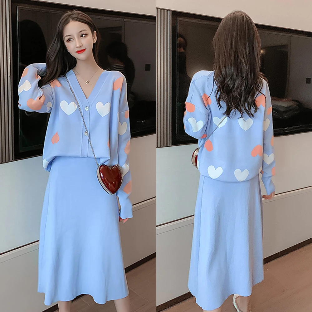 Женский комплект из 2 предметов вязаный свитер кардиган топ + юбка длинный рукав